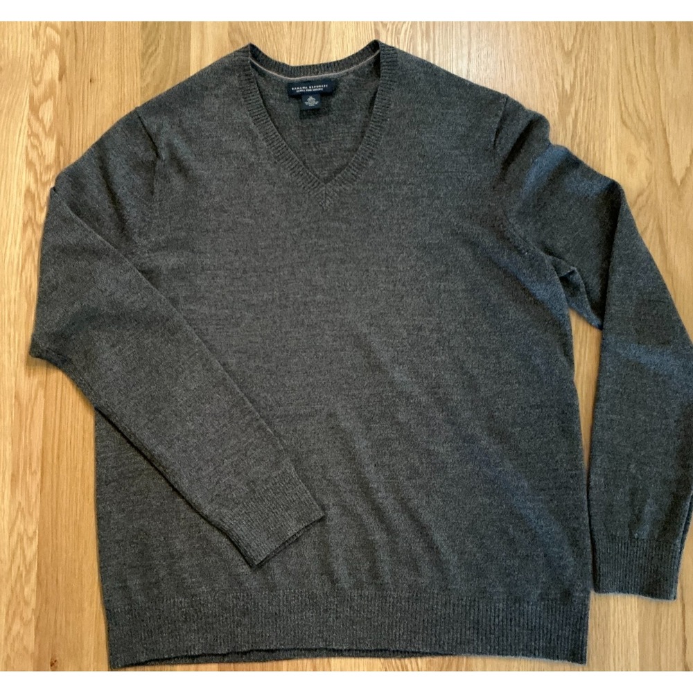 Banana Republic XL Extra Fine Merino Wool V-Neck Sweater Brown/Charcoal‎ Classic